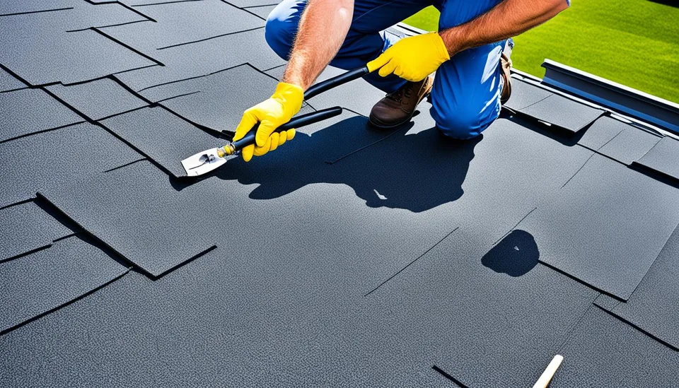 Worker in blue shirt and yellow gloves applying sealant to flat roof tiles with brush, bright sunny day.
